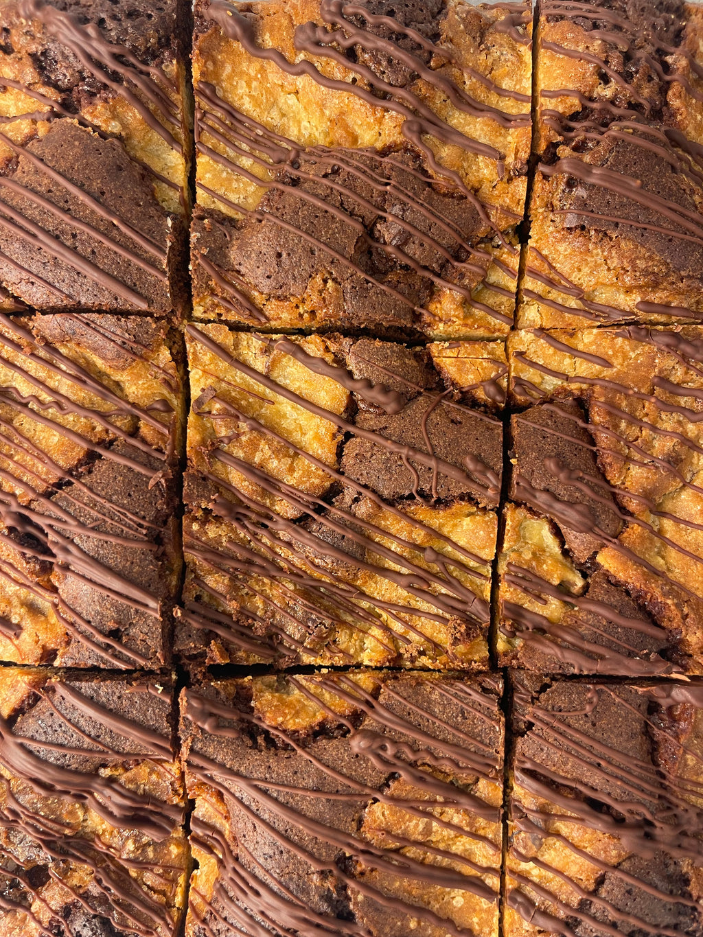 Brownies with a chocolate and caramel swirl pattern
