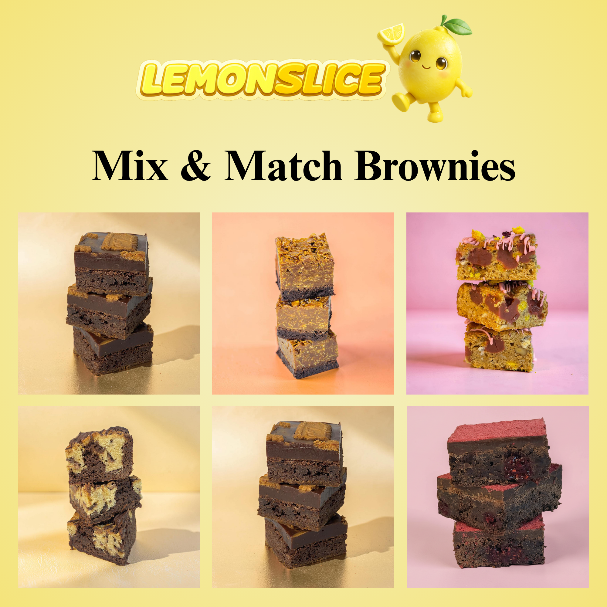 Brownies with 'Lemonslice' branding on a pink background