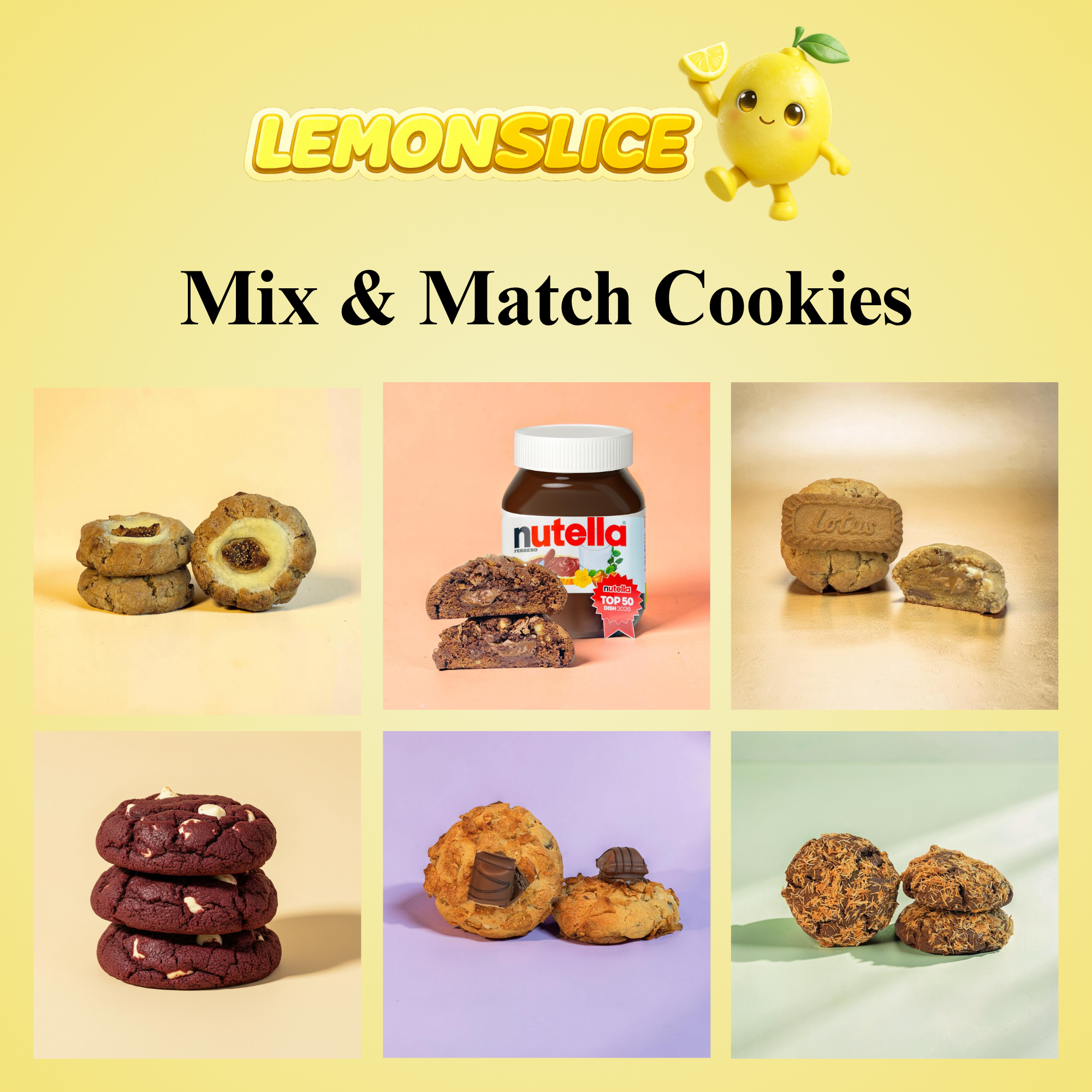 Promotional image for Lemonslice mix and match cookies with various cookie types and Nutella jar on a yellow background.