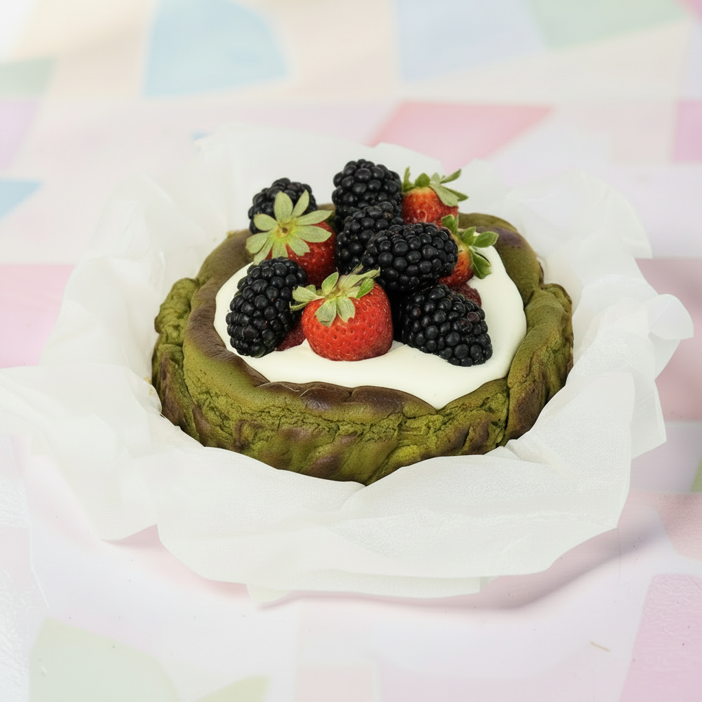 Matcha green tea cake with berries on a white plate against a soft, multicolored background