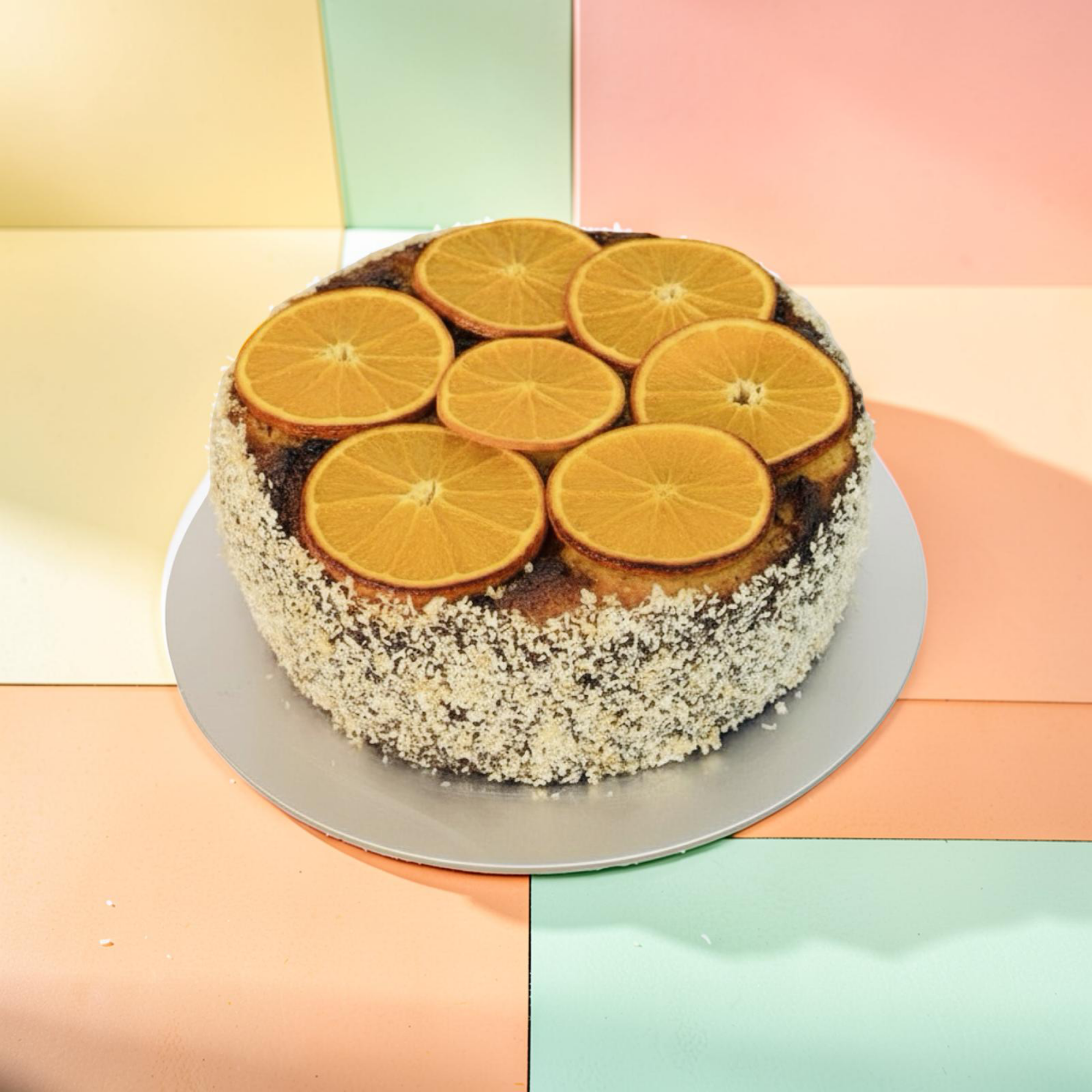 Cake with orange slices on a colorful geometric background