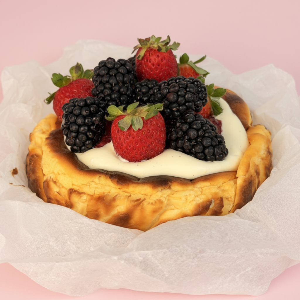 Pastries with cream and berries on a pink background