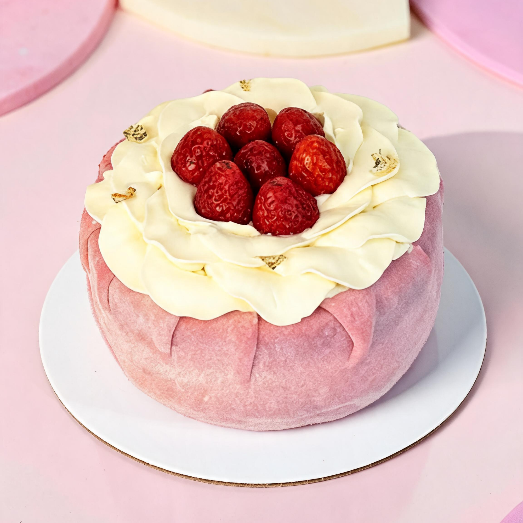 Pink cake with white frosting and strawberries on a pink background