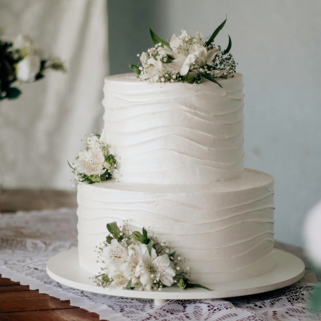 Two-tiered white wedding cake with floral decorations on a lace tablecloth.