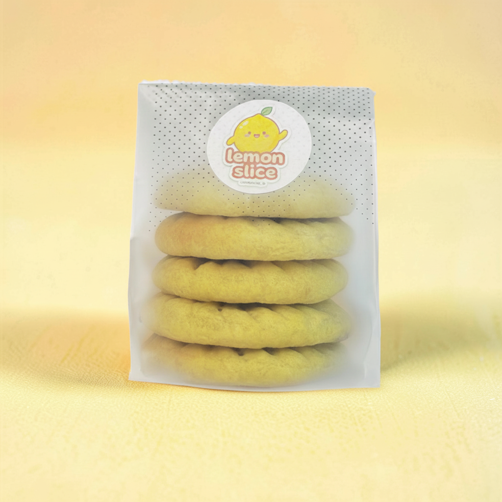 Packaged lemon cookies with 'lemonslice' branding on a yellow background