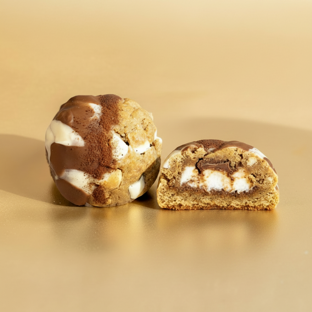 Two cookie dough balls with chocolate and marshmallow filling on a gold background