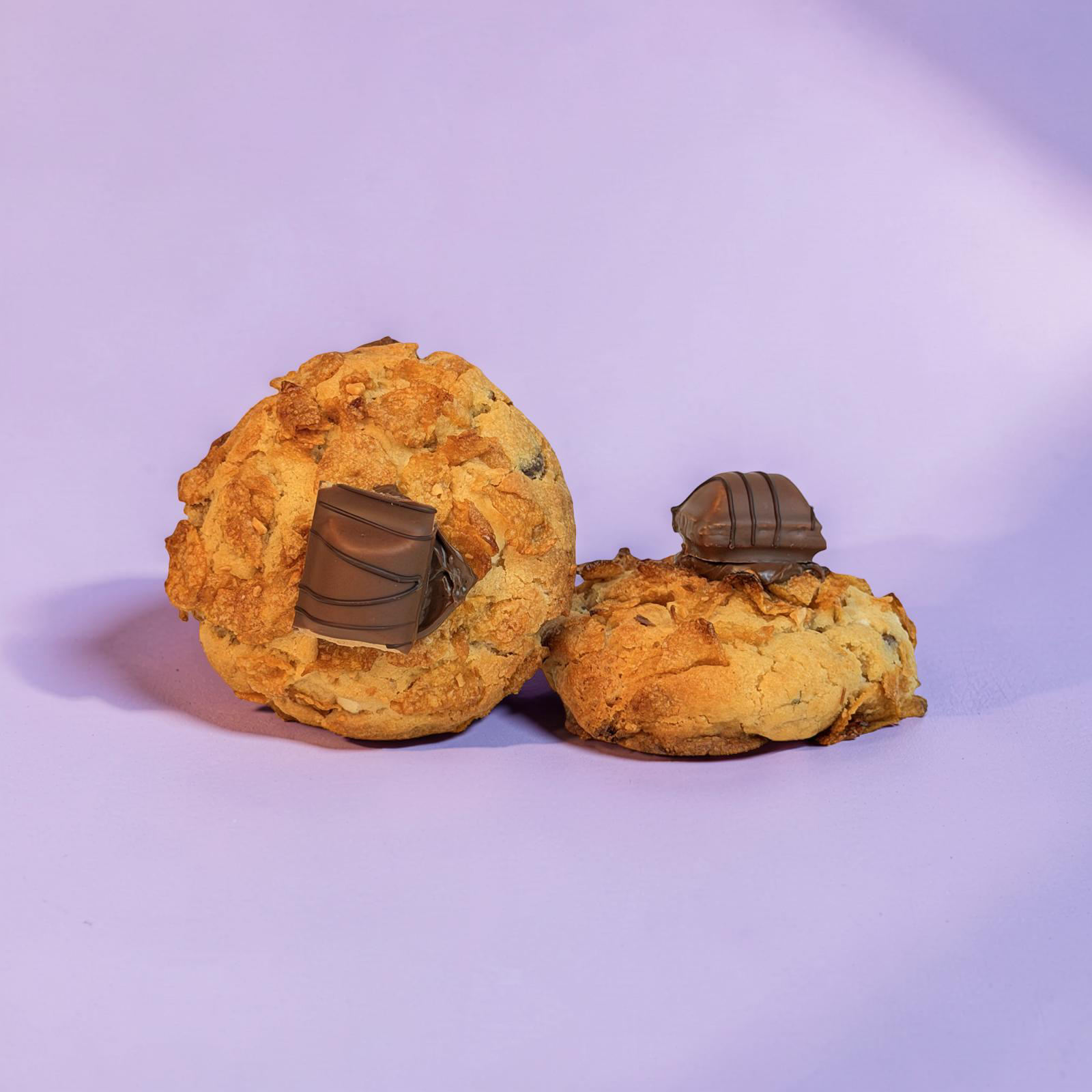 Two dog toys made of orange material with brown centers on a purple background