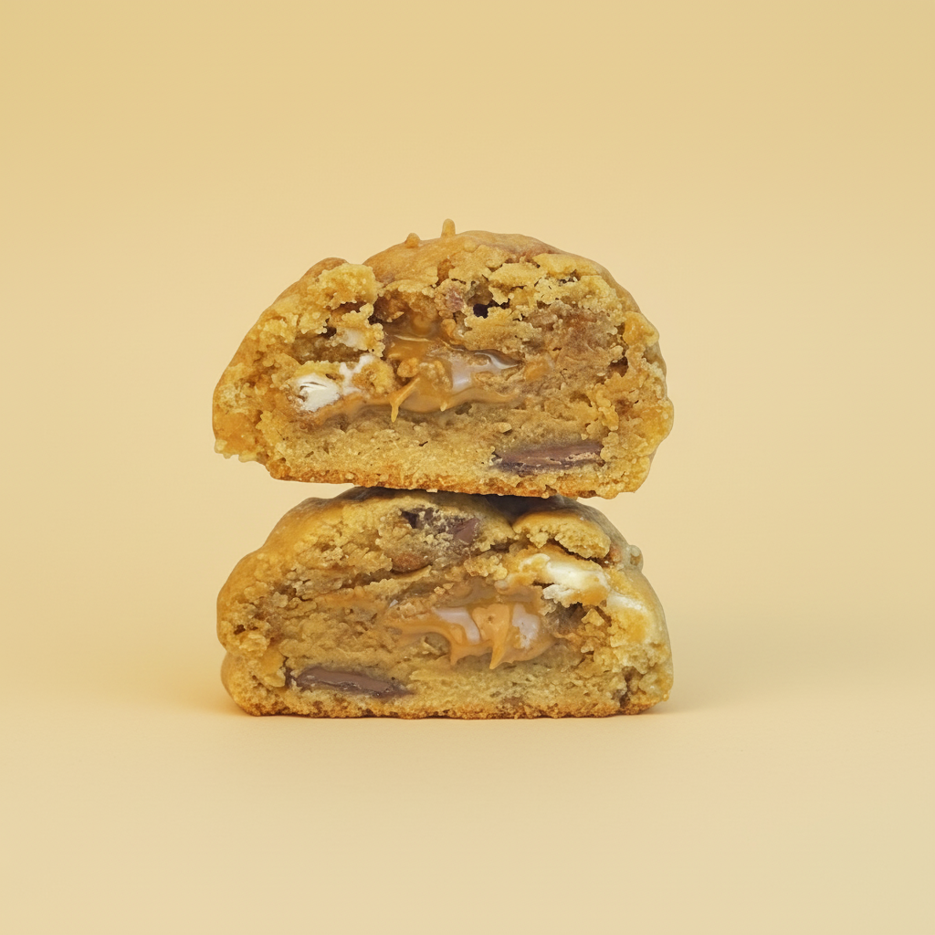 Two halves of a cookie with chocolate and marshmallow filling stacked on a beige background