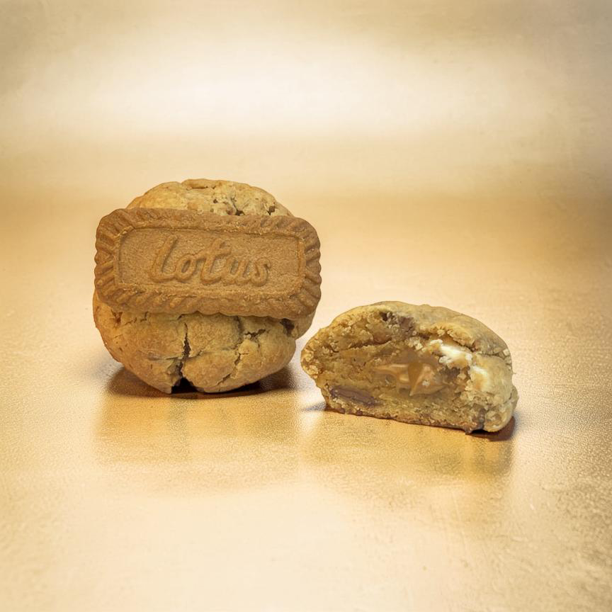 Two cookies, one whole and one cut in half, on a gold background with 'Lotus' branding.