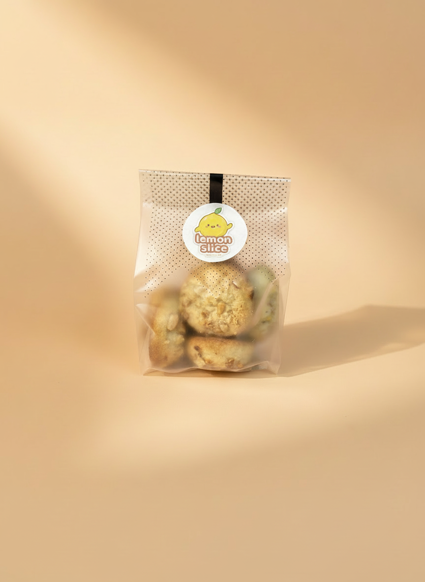 Packaged lemon slices with a visible brand label on a beige background