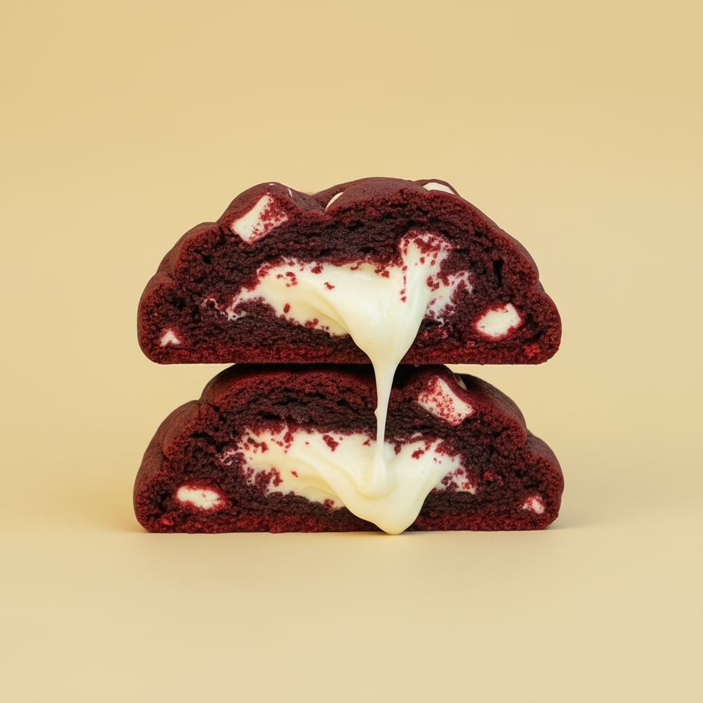 Red velvet cookie with cream cheese filling on a beige background