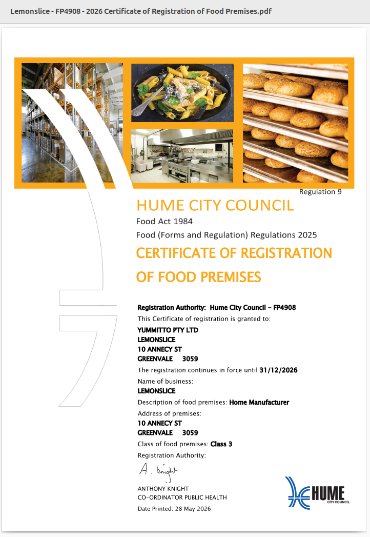 Certificate of Registration of Food Premises from Hume City Council with images of food products and a building.